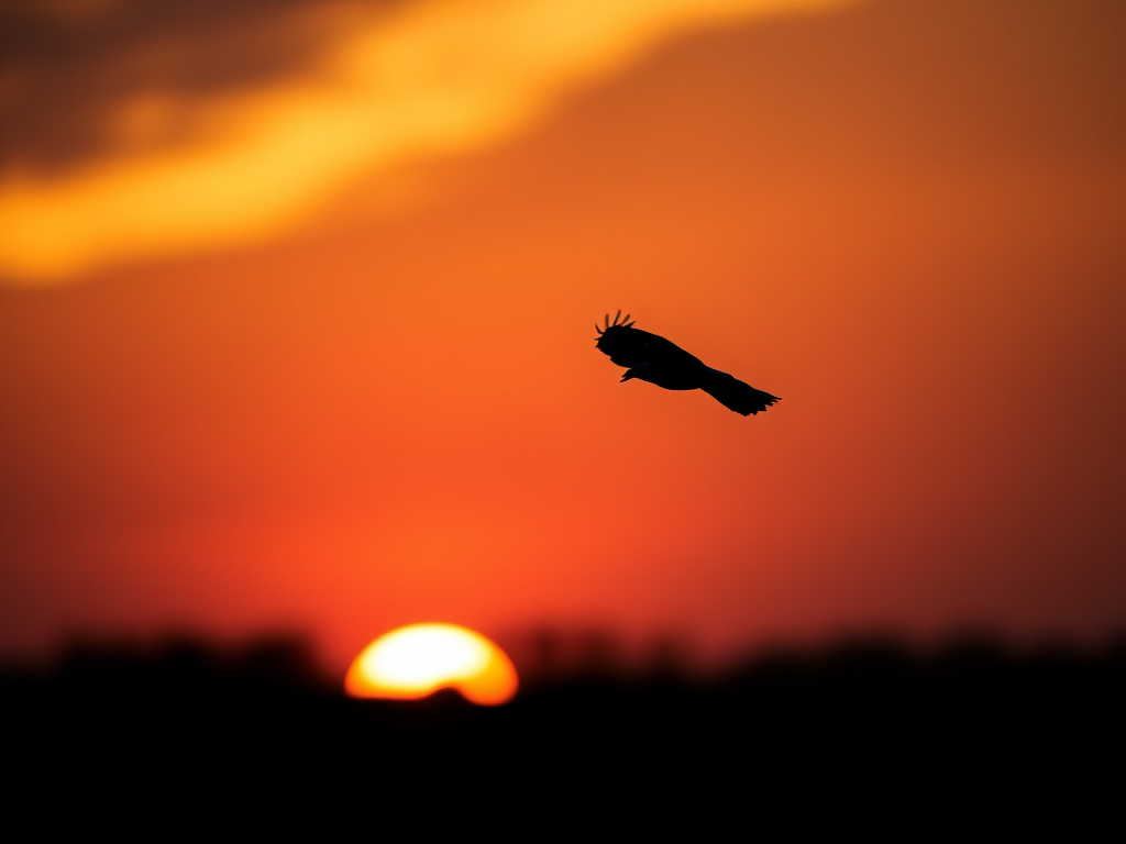 create a high-resolution image of a silhouette of a bird in flight against a sunset background, capturing the details of the wings and body with a camera set to ISO 100, aperture f/8, shutter speed 1/500s, using a DSLR camera with a telephoto lens from a low angle with soft focus on the background.