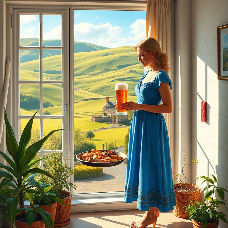 In "A Glass of Beer on the Highland," a serene scene is depicted in a sunlit room where a woman in a vibrant blue dress stands by a large window. She holds a tray with a hearty meal and a frothy glass of beer, embodying a moment of relaxation. Outside, the breathtaking highland landscape features rolling green hills and a charming traditional house, all bathed in warm afternoon light. The interior is adorned with potted plants, creating a harmonious blend of comfort and nature. The painting beautifully captures the tranquility and joy found in simple pleasures amidst stunning scenery