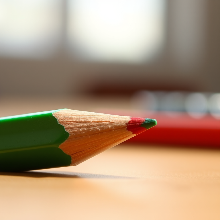 Create a high-resolution image of a green pencil with a red eraser, captured in soft natural light using a macro lens at f/2.8, 1/100s shutter speed, and ISO 200, with a shallow depth of field to enhance the pencil's details and colors against a blurred background.