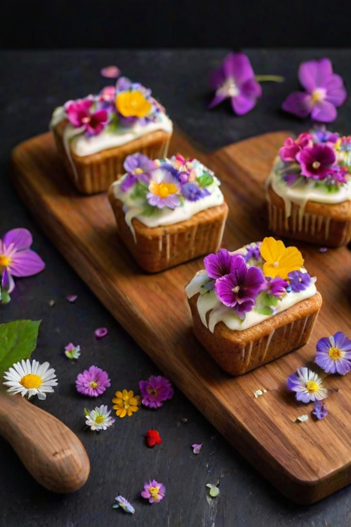 Generate an image of small loaf cakes topped with creamy frosting and colorful edible flowers, arranged neatly on a wooden cutting board with a dark background. The cakes should appear rich and moist, with a glossy drizzle of syrup on top.