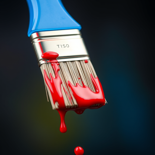 Create a vibrant digital illustration of a paintbrush with a blue handle and red paint dripping from the bristles, using a Canon EOS R5 camera, 50mm lens, f/2.8 aperture, focused close-up shot, bright lighting for enhanced color saturation.