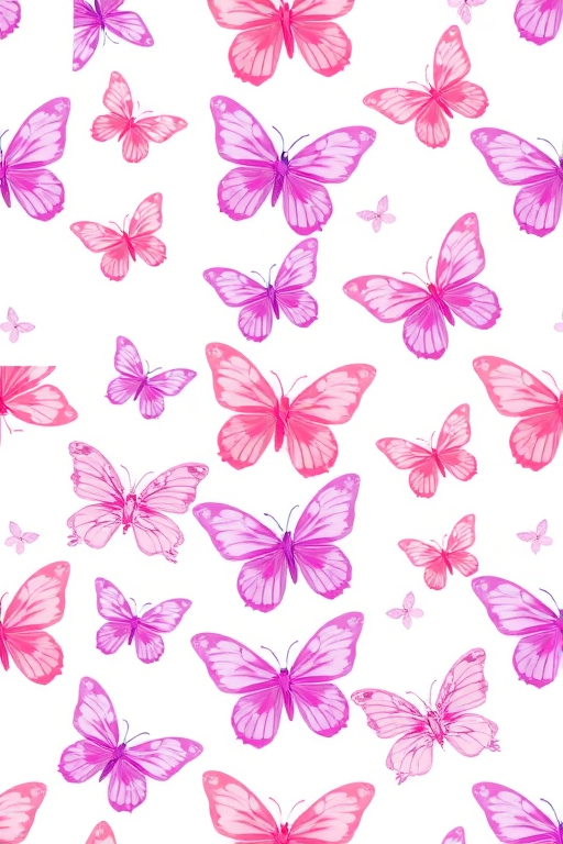 Create a seamless pattern featuring butterflies in soft pastel colors like pink, purple, and light blue against a light background. The butterflies should vary in size and opacity to create a whimsical and airy feel.
