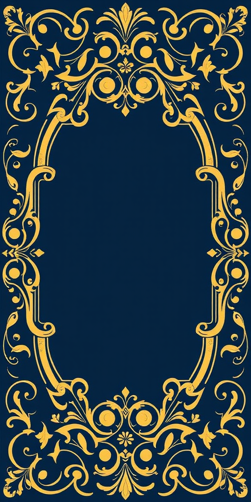 Create a vintage-style ornate frame design with intricate swirling details in dark blue, shot with a DSLR camera at f/4.0 aperture, ISO 100, and 50mm lens, top-down view, natural lighting, to enhance sharpness and contrast.
