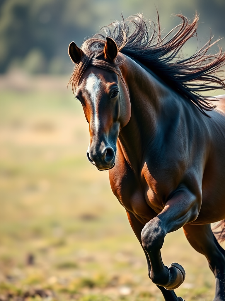 A majestic horse running with flowing mane and powerful muscles, soft focus background, natural lighting, high dynamic range, 85mm lens, f/1.8 aperture, ISO 100, taken with a DSLR camera, emphasizing the horse's grace and strength.