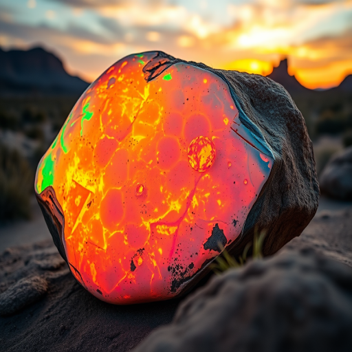 A large opal boulder reflecting vibrant colors at sunset, with a soft focus background of desert landscape, shot from a low angle using a DSLR camera with a 50mm lens, aperture f/1.8, ISO 100, and a warm color balance setting.
