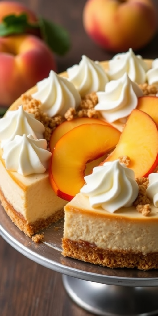 A delicious cheesecake with a golden graham cracker crust topped with whipped cream and a crumbly topping featuring peach slices inside, displayed on a silver cake stand with fresh peaches in the background.