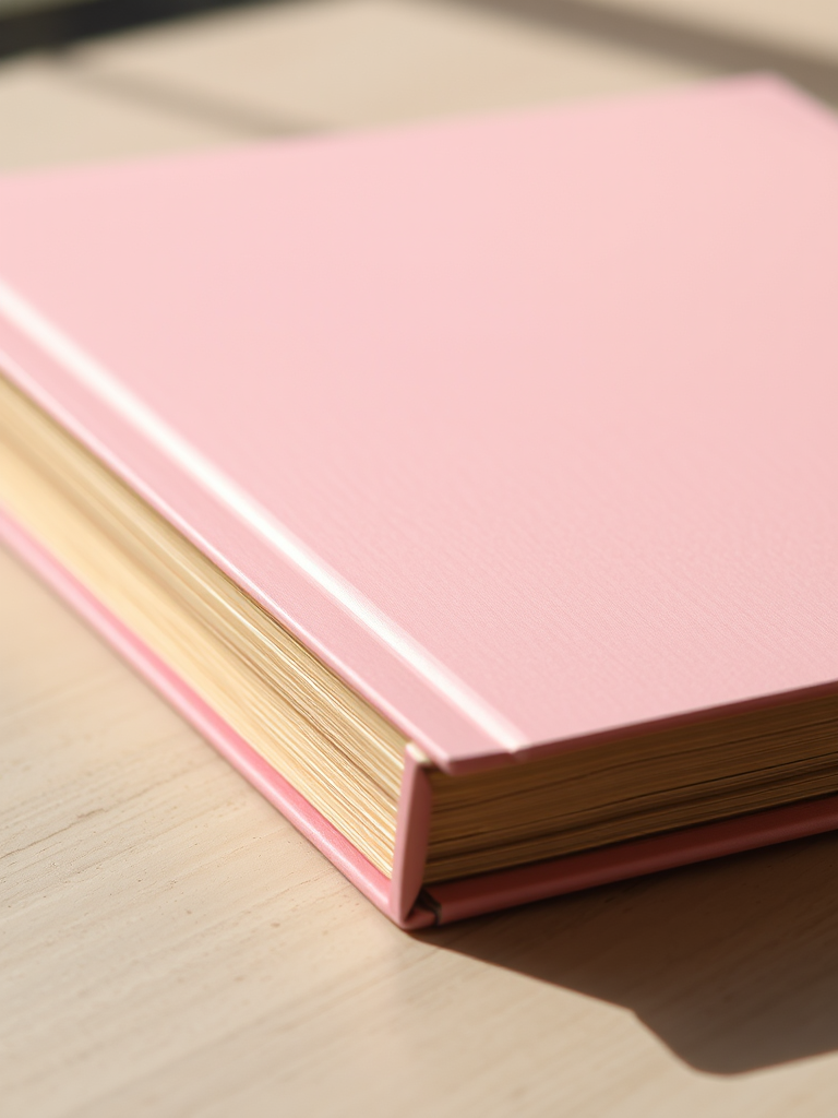 Regenerate an image of a closed book with a pink cover and light beige spine, using a DSLR camera with a 50mm lens, aperture set to f/1.8 for shallow depth of field, ISO 200 for minimal noise, shot from a 45-degree angle to emphasize dimension, in natural daylight for soft shadows.