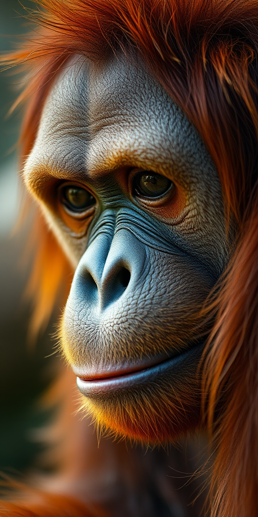 Regenerate a close-up portrait of an orangutan with detailed facial features and rich fur texture, captured using a DSLR camera, 85mm lens, f/1.8 aperture, ISO 200, 1/250s shutter speed, natural light setting for enhanced depth and softness.