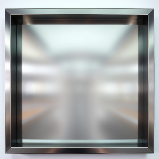 Generate a sleek, modern metallic frame with a reflective surface, captured from a frontal view using a DSLR camera with a 50mm lens, aperture set to f/1.8, ISO 100, and a soft-focus background to enhance the frame's details.