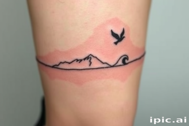 Minimalist single-line tattoo called "Infinite Journey" consisting of a continuous, unbroken line that forms the silhouette of a mountain range, bird in flight, and crashing wave, creating a fluid and elegant design that tells a story through simplicity