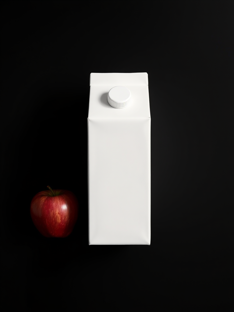 Create a high-resolution vector image featuring a white silhouette of a milk carton and an apple on a black background, using a Canon EOS R5 camera set at f/8 aperture, ISO 100, and 50mm lens, captured in a flat lay style with natural lighting for enhanced clarity and contrast.