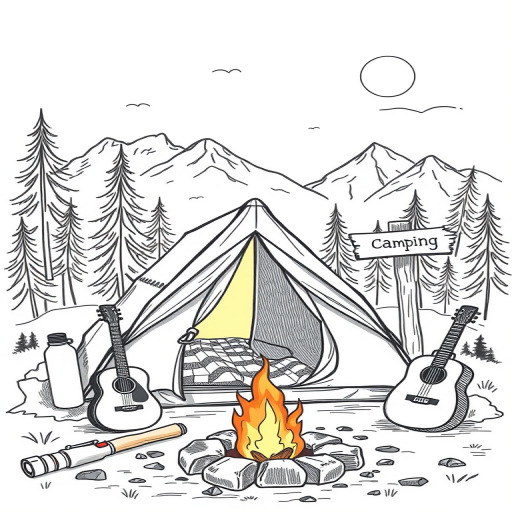 Create a hand-drawn camping-themed illustration featuring a tent, axe, flashlight, signpost, guitar, water bottle, barbecue grill, campfire, mountains, and pine trees in a sketch style with high-resolution detailing, captured with a Canon EOS R5, 50mm lens, f/1.8 aperture, ISO 100, and a natural daylight setting.