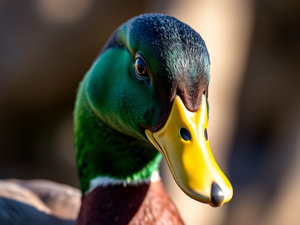 Regenerate a detailed close-up image of a mallard duck with vibrant green head and contrasting yellow bill, using a DSLR camera, 50mm lens, aperture f/2.8, ISO 200, focused on the subject with a shallow depth of field, capturing soft natural light and a blurred background.
