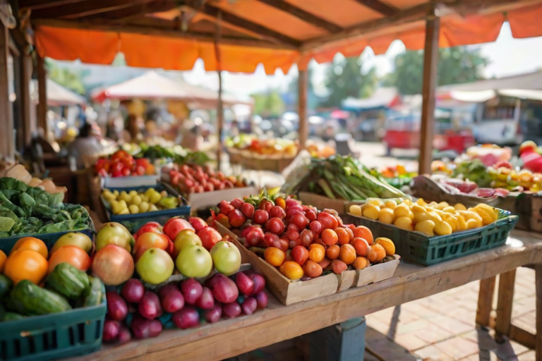 Soft-focus image of a farmer's market in the morning, with vibrant fruits and vegetables arranged on wooden tables, soft sunlight filtering through colorful awnings.