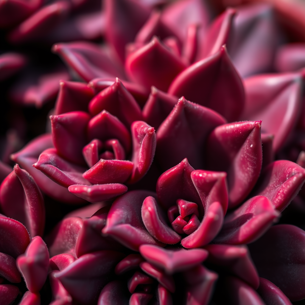 close-up shot of dark red succulent plants with intricate leaf details, natural lighting, aperture f/2.8, ISO 100, shutter speed 1/125s, macro lens, DSLR camera