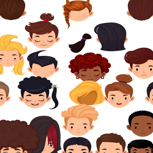 Create a grid of diverse hairstyles in a cartoon style, captured with a Canon EOS 5D Mark IV, aperture f/8, shutter speed 1/125s, ISO 200, top-down view, high-resolution vector format.