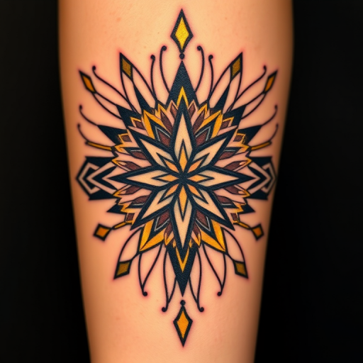 Art deco-inspired tattoo featuring symmetrical patterns, bold geometric shapes, and metallic gold accents, capturing the glamour and sophistication of the roaring twenties
