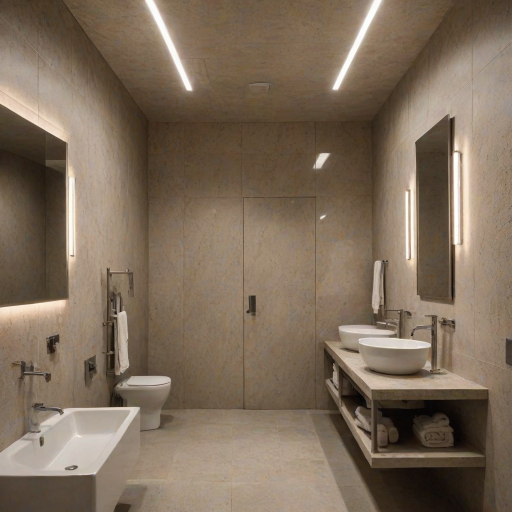 Public bath, basins of Beige granite, large mirror, white door without window, hidden lights in the ceiling walls, gray ceramic walls