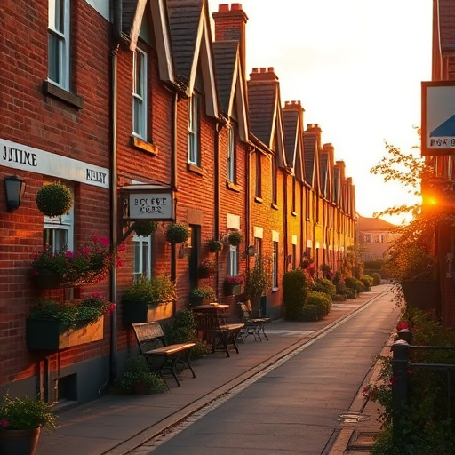 Generate an image of a scenic street lined with charming red-brick houses featuring flower boxes and greenery, captured in golden hour lighting; use a DSLR camera with a 50mm lens, aperture f/1.8, ISO 100, and a wide-angle view for enhanced depth and detail.