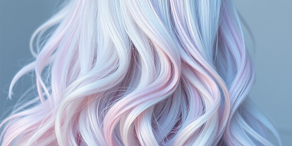 Ethereal image showcases Opal Dreamscape long hair, iridescent white base with pastel pink, blue, and lavender highlights, styled in loose ethereal waves with crystal hair pins