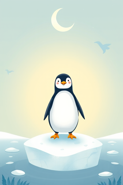create a whimsical illustration of a penguin standing on an ice floe under a crescent moon, soft pastel colors, 35mm lens, f/2.8 aperture, natural lighting, frontal view, digital art style