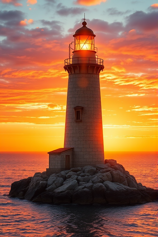 Generate an image of a tall lighthouse perched on a rocky outcrop surrounded by calm ocean waters during a breathtaking sunset. The lighthouse stands sturdy and weathered, its stone surface illuminated by the warm golden light of the setting sun. The sun's rays pass directly through the glass lantern room at the top of the lighthouse, casting a brilliant light across the scene. The sky is painted with vibrant shades of orange, pink, and purple, reflecting off the tranquil sea. The surrounding water shimmers with the same warm hues, creating a serene and majestic atmosphere.