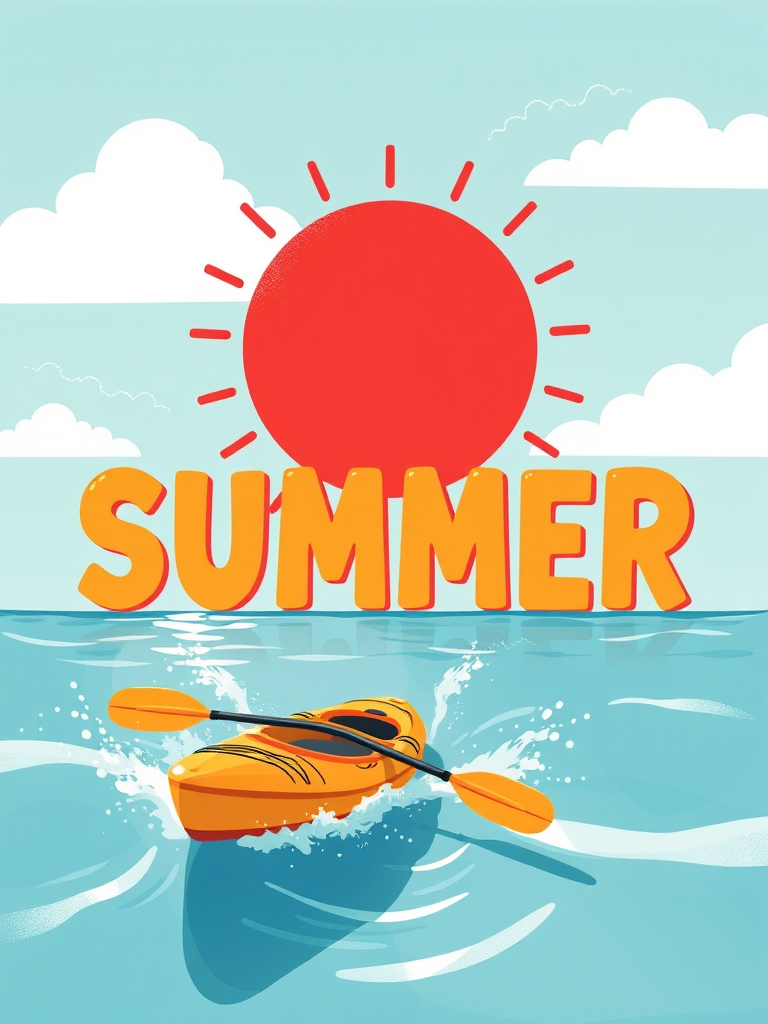 Create a vibrant summer-themed illustration featuring a large red sun, the word "SUMMER" in bold, playful letters, and a kayak with paddles splashing water beneath it, using a Canon EOS R5 with a 50mm f/1.2 lens, aperture set to f/2.8, ISO 100, and soft diffused lighting for a bright, fun atmosphere.