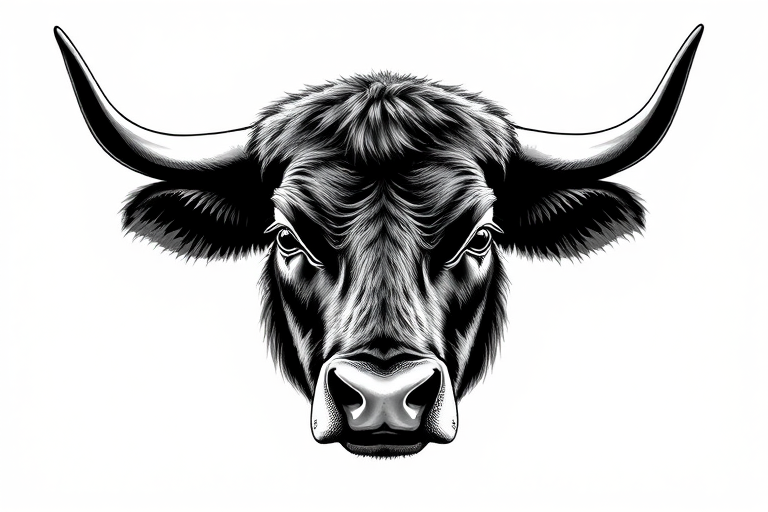 Create a high-contrast black and white illustration of a bull's head with a textured fur outline, using a Canon EOS R5 with a 50mm f/1.2 lens, aperture set to f/8, ISO 100, shot from a frontal view in a soft light studio environment.