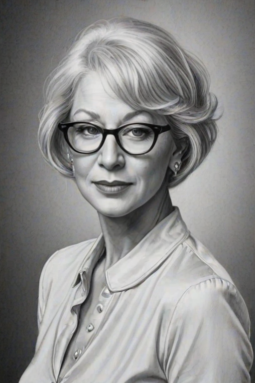 Splendid Helen Mirren, pencil sketch, portrait of Superb woman 1929s in glasses, hair style beatnik, outline, clear lines, fine lines, 8k