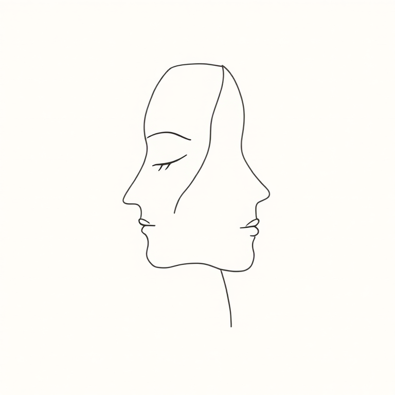 create a minimalist line drawing of two abstract faces in profile on a soft beige background, use a Canon EOS R5, 50mm lens, f/1.8 aperture, ISO 100, natural soft light to enhance contrast and clarity