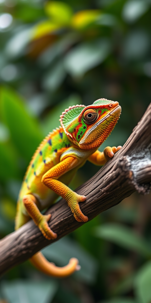 macro shot of a vibrant chameleon resting on a wooden branch with lush green background, aperture f/2.8, shutter speed 1/200s, ISO 100, 50mm lens, natural light, DSLR camera