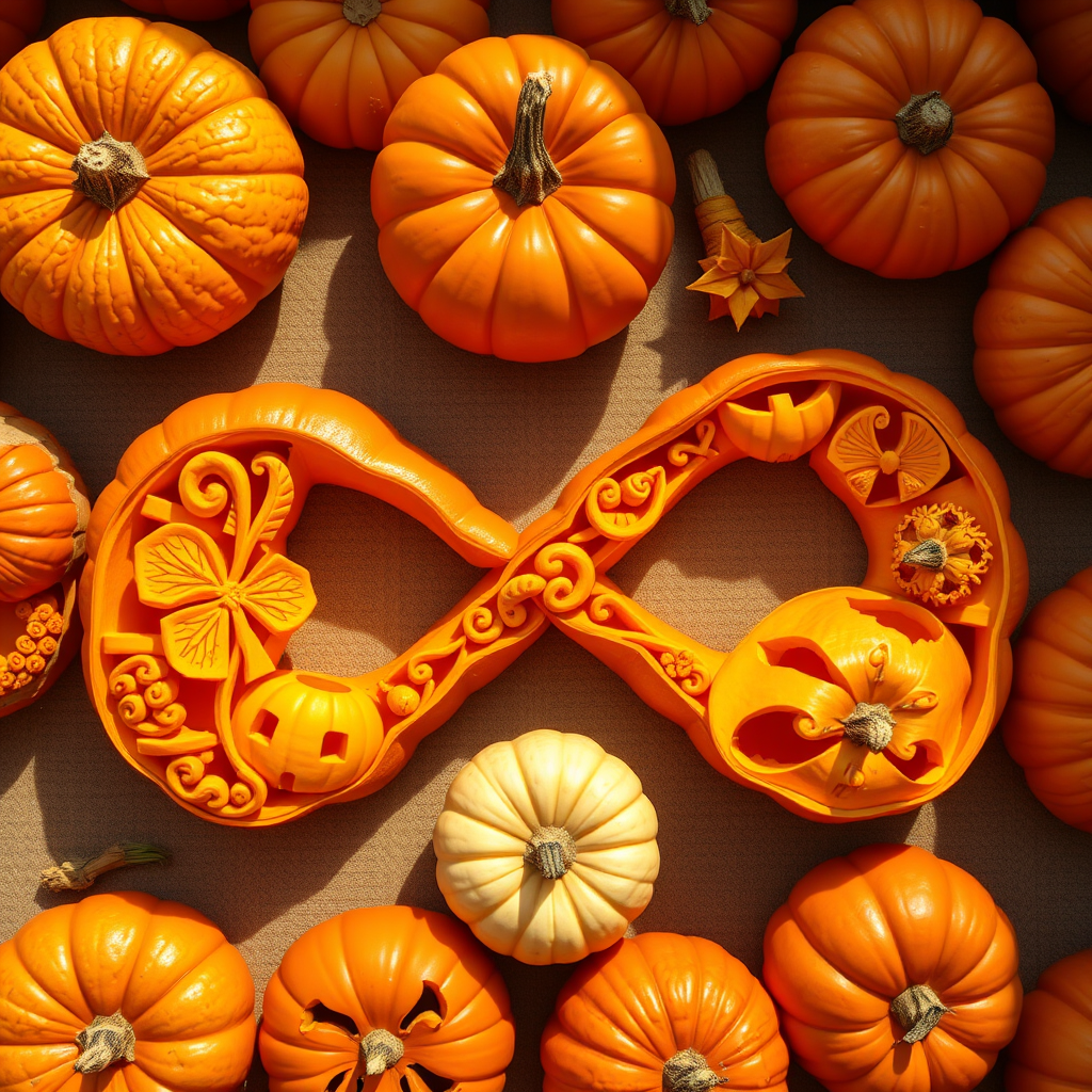 Create an illustration of a golden infinity symbol made of intricately carved pumpkins with various designs, using a Canon EOS R5 camera with a 50mm f/1.2 lens, aperture at f/2.8, ISO 100, shot from a top-down view in natural light to enhance detail and vibrancy.