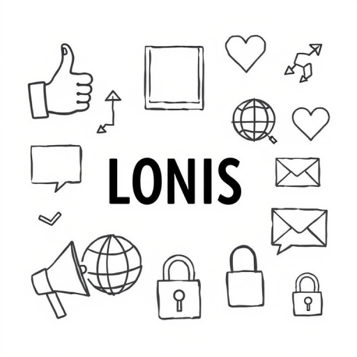 Create a high-resolution vector image of various hand-drawn social media and communication icons, including a thumbs up, heart, arrows, image frame, globe, chat bubbles, megaphone, email, and a padlock, using a flat design style and a neutral background, captured with a DSLR camera set to f/8, ISO 100, 50mm lens, and a top-down view for clarity and detail.