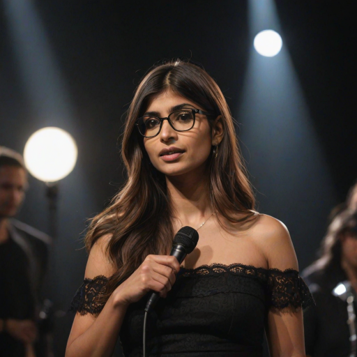 mia khalifa with long, flowing brown hair is standing in the center of the frame, holding a microphone in her right hand, and looking slightly off to the right side of the frame. She is wearing a black, off-the-shoulder dress with delicate lace detailing. The lighting is warm and dramatic, creating a spotlight effect on the singer. There are other figures in the background, blurred and out of focus, suggesting a concert or performance setting. The camera angle is low, capturing the woman from the waist up. The overall atmosphere is intimate and captivating.