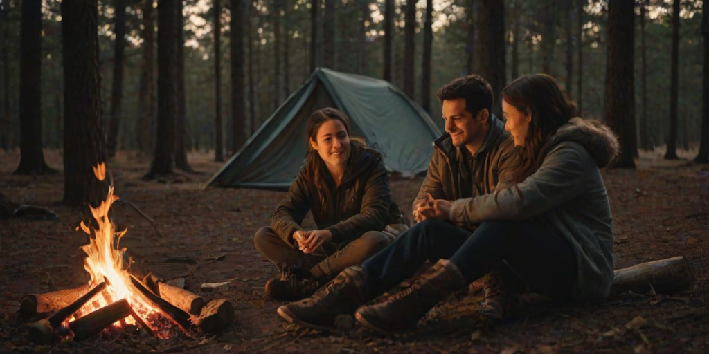 Warmly lit photo of a couple sitting by a campfire in the woods at dusk, with soft light from the flames casting warm shadows, and a tent softly visible in the background.
