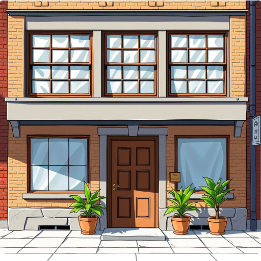 Generate a detailed illustration of a two-story building with large windows, a wooden door, and potted plants on either side of the entrance, captured using a DSLR camera with a 50mm lens at f/1.8, ISO 200, and a shutter speed of 1/200s, in a slightly angled view to emphasize depth and texture, with a bright and vivid color palette.