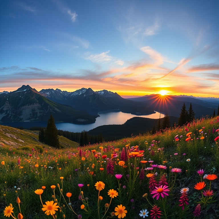 Generate a vibrant landscape of mountains and a serene lake surrounded by colorful wildflowers in the foreground during sunset, using a DSLR camera at f/8 aperture, ISO 100, with a 24mm wide-angle lens, in HDR style, capturing a panoramic view.