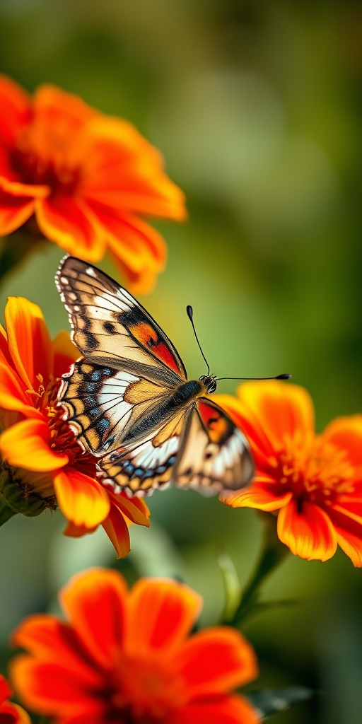 A vivid close-up photograph of a butterfly resting on vibrant red and yellow flowers, captured with a DSLR camera at f/2.8 aperture, ISO 100, 1/500s shutter speed, in a macro view with shallow depth of field to accentuate the details of the butterfly and flowers, soft natural light background.