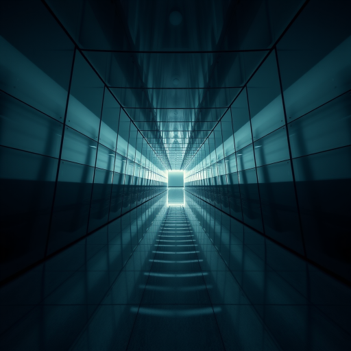 create an abstract geometric tunnel of reflective light panels extending into darkness, taken with a Canon EOS R5 at f/8, ISO 100, 16mm, from a low angle perspective, in wide-angle style for enhanced depth and clarity