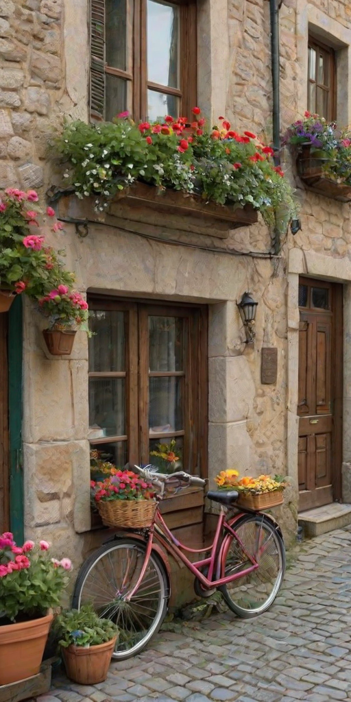 Old cobblestone street in a European village, flower boxes on every windowsill, a woman with a bicycle walks past, her basket filled with fresh bread and wildflowers.