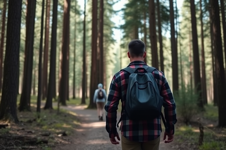 Capture two individuals walking on a forest path surrounded by tall trees, wearing flannel shirts and backpacks, natural light, shallow depth of field, ISO 200, aperture f/2.8, 50mm lens, DSLR camera, slightly angled view to highlight the forest ambiance.