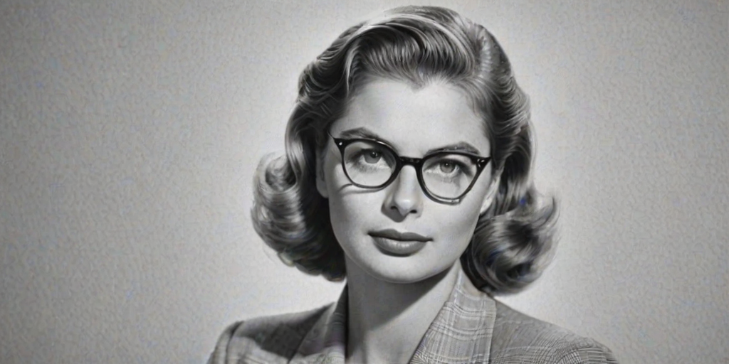 Fascinating Ingrid Bergman, pencil sketch, portrait of Appealing woman 1940s in glasses, hair style beatnik, outline, clear lines, fine lines, 8k