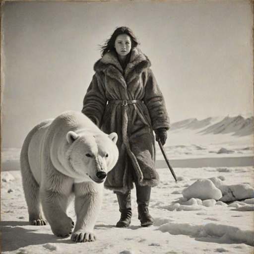 A very old photograph in black and white. The photo is badly damaged, faded, with scratches, tears, smudges and dirt. The photo is ultra-realistic and very detailed. It's a picture of an Arctic warrior. She is walking serenely towards the camera. At her side walks a majestic polar bear. Its fur shines in the sunlight. Snow, ice, sea. wind. snow in the air.