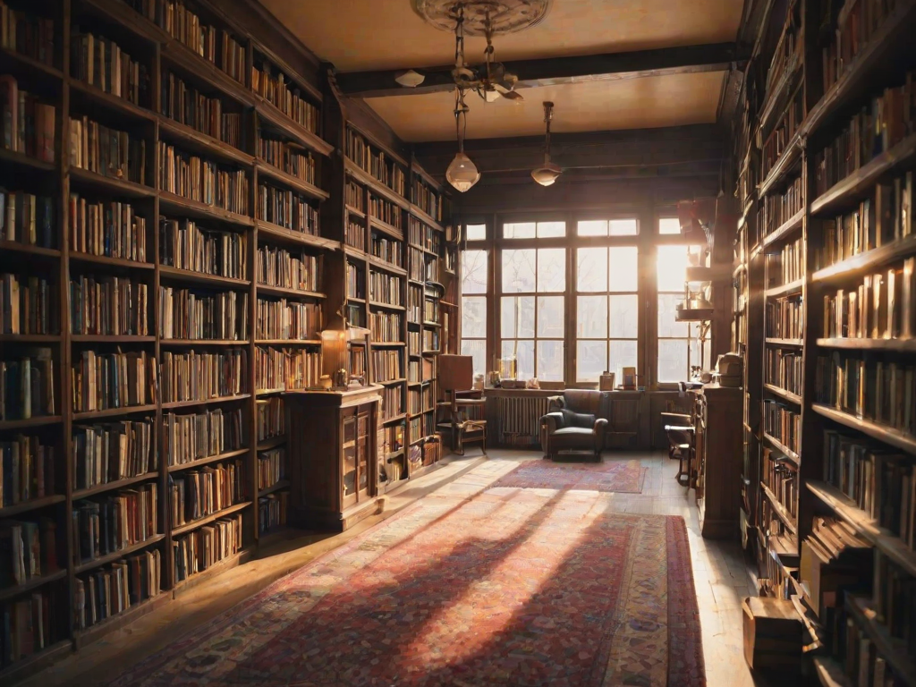 Soft-focus image of a charming old bookstore with wooden shelves crammed with books, sunlight streaming through large windows, creating pools of light on the plush carpet and inviting reading nooks.