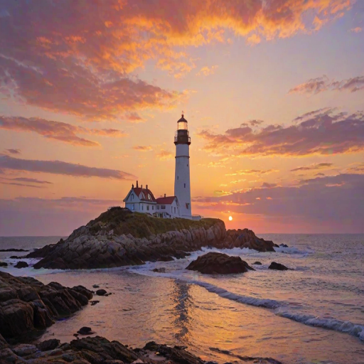 Generate an image of a tall lighthouse perched on a rocky outcrop surrounded by calm ocean waters during a breathtaking sunset. The lighthouse stands sturdy and weathered, its stone surface illuminated by the warm golden light of the setting sun. The sun's rays pass directly through the glass lantern room at the top of the lighthouse, casting a brilliant light across the scene. The sky is painted with vibrant shades of orange, pink, and purple, reflecting off the tranquil sea. The surrounding water shimmers with the same warm hues, creating a serene and majestic atmosphere.