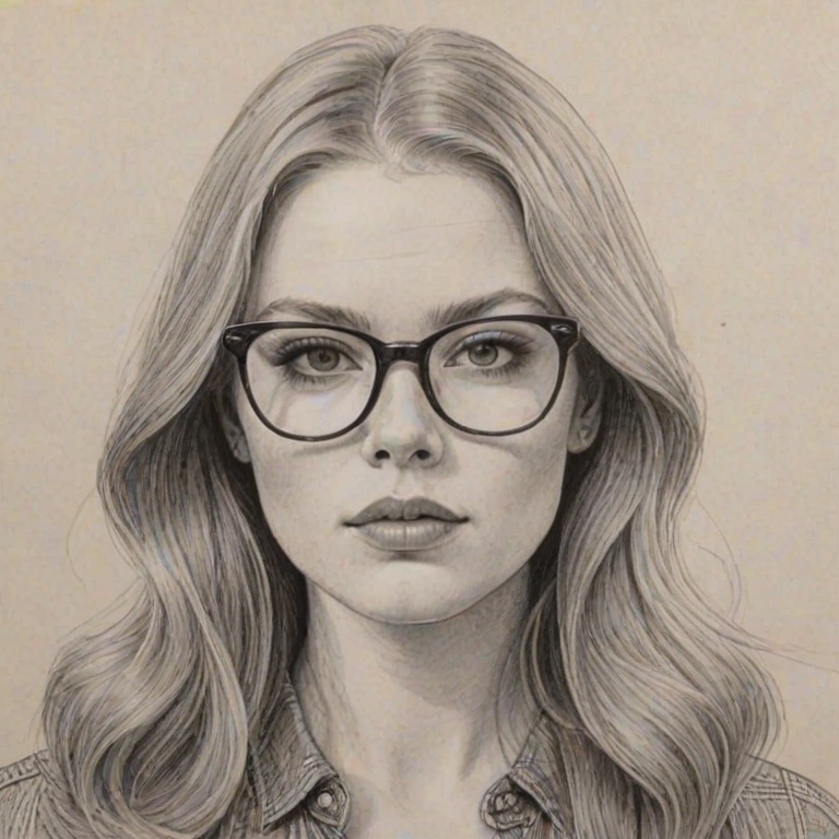 Stunning Freya Ridings, pencil sketch, portrait of Sublime woman 1964s in glasses, hair style beatnik, outline, clear lines, fine lines, 8k