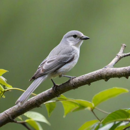 a small bird with a gray and white plumage perched on a branch surrounded by green leaves against a blurred background