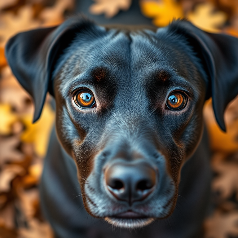 A close-up shot of a black dog with expressive brown eyes surrounded by autumn leaves, captured with a Canon EOS 90D, aperture f/2.8, shutter speed 1/500s, ISO 200, natural lighting, shallow depth of field.