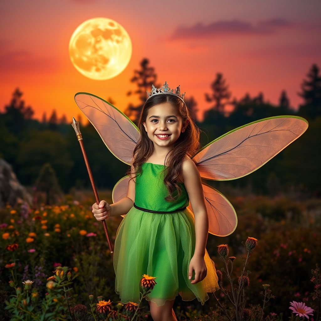 A vivid photo  taken under a bright camera flash of a fantastical scene set against a backdrop of a forest during sunset. The main subject is a girl dressed as a fairy, adorned with translucent wings and a green dress, holding a wand, her face is happy, and she wears a crown on her head. The forest behind her is a blend of flowers, shrubs and trees. The sky is painted in hues of orange and pink, with a large, glowing moon casting a warm glow over the scene. The overall color palette is dominated by earthy tones.