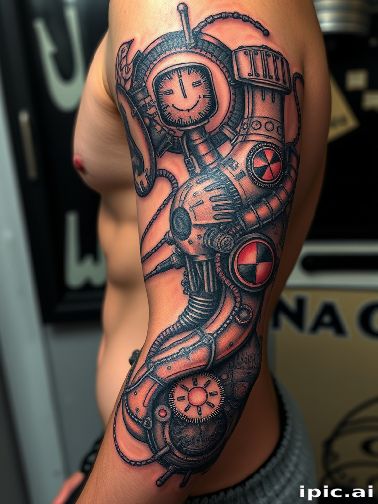 Biomechanical tattoo piece dubbed "Cybernetic Evolution" merging organic forms with mechanical components to create a hyper-realistic design that appears to reveal the inner workings beneath the skin